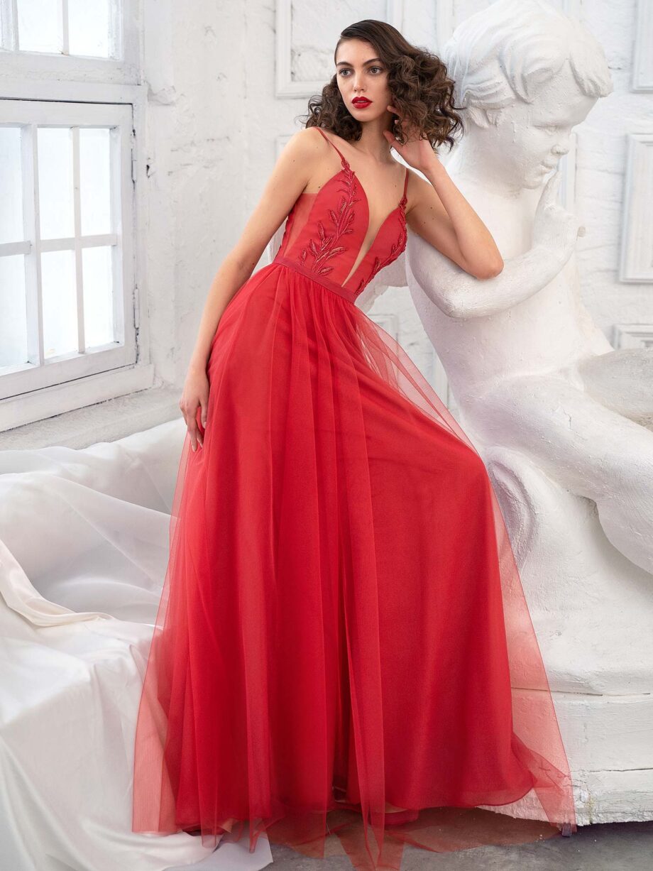 Spaghetti strap A-line evening dress with deep plunge neckline