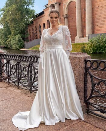 A-line plus size wedding dress with long lace balloon sleeves