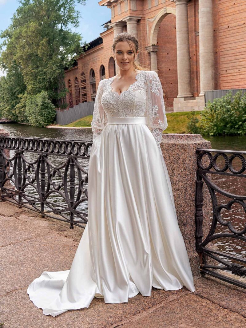 A-line plus size wedding dress with long lace balloon sleeves