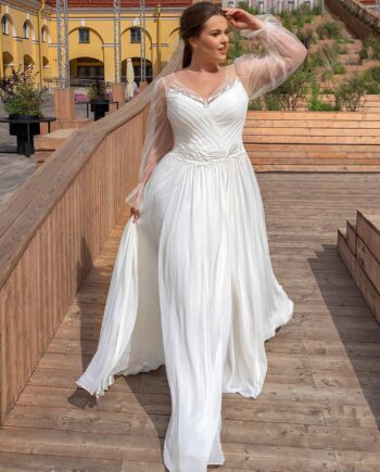 Sheath chiffon plus size wedding dress with long sleeves