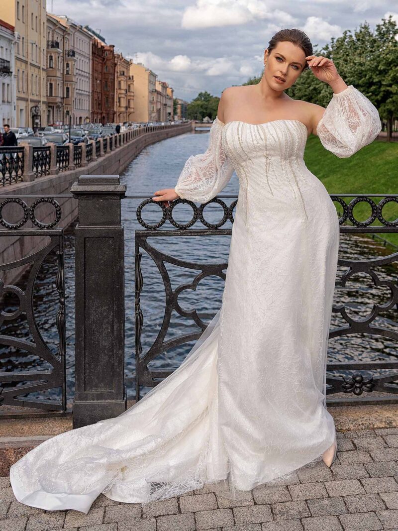 Sparkling fit and flare plus size wedding dress with detachable balloon sleeves
