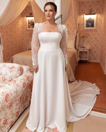 Crepe A-line plus size wedding dress with removable long-sleeve bolero