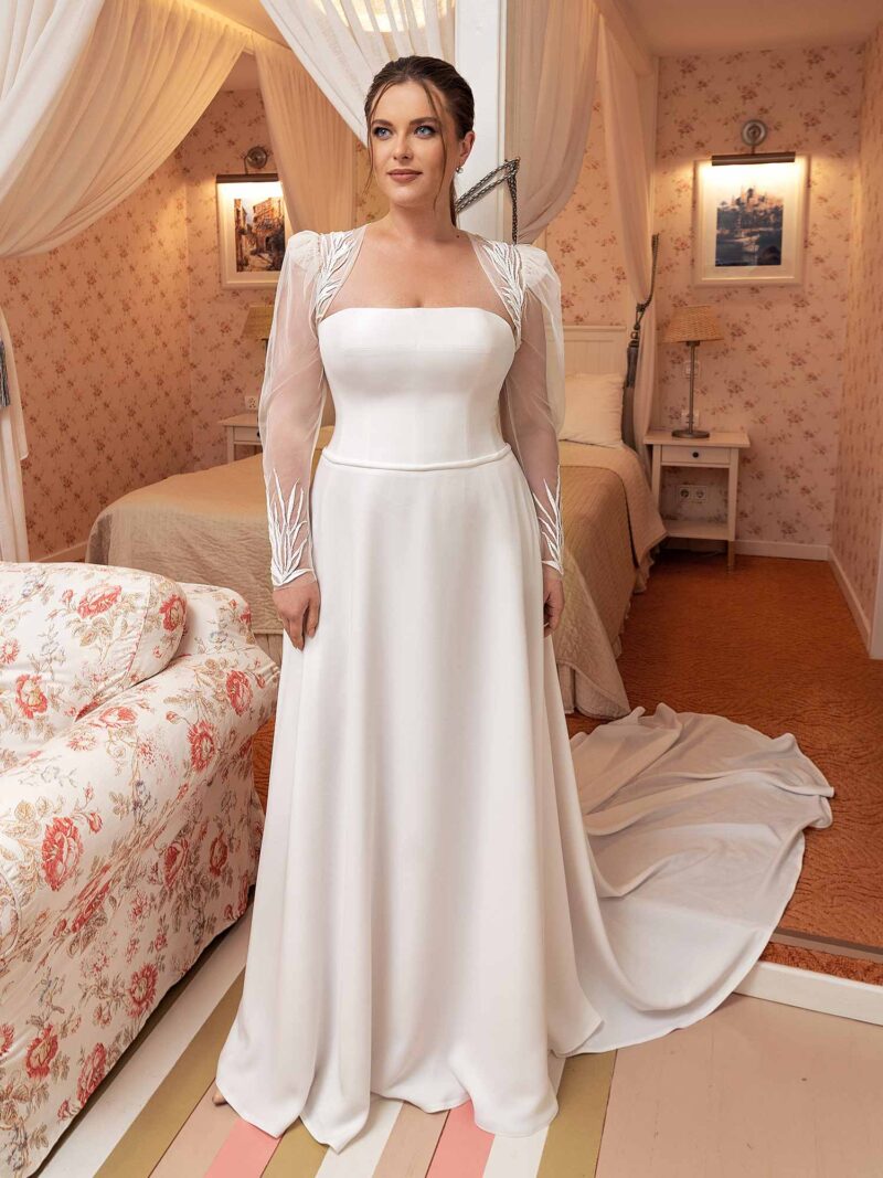 Crepe A-line plus size wedding dress with removable long-sleeve bolero