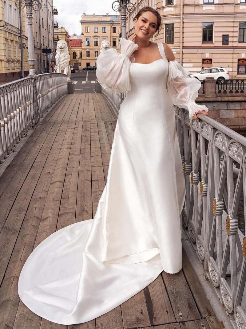 Mikado plus size A-line wedding dress with long removable sleeves
