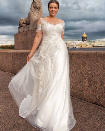 Short sleeve plus size A-line wedding dress with lace décor