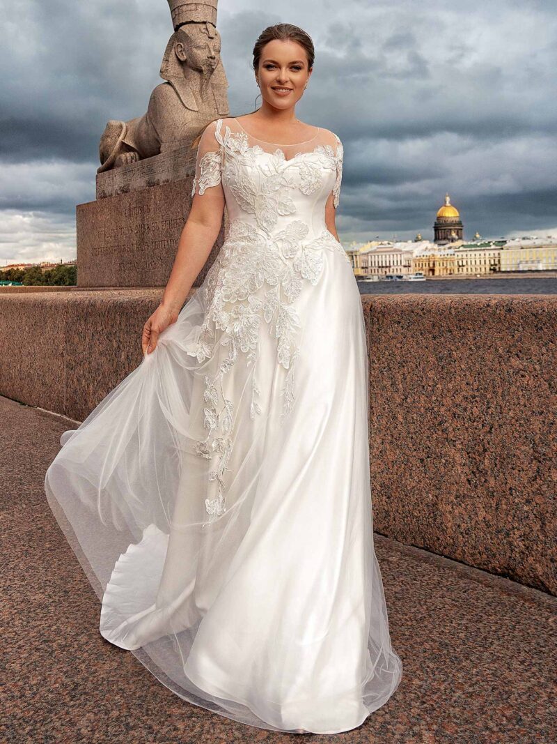 Short sleeve plus size A-line wedding dress with lace décor