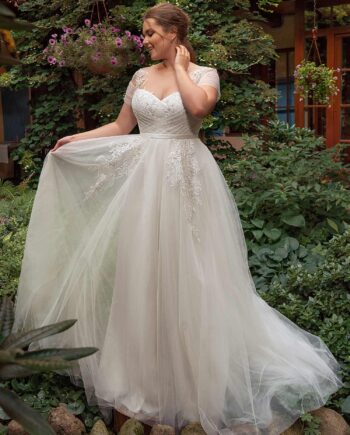 A-line plus size wedding dress with off the shoulder sleeves