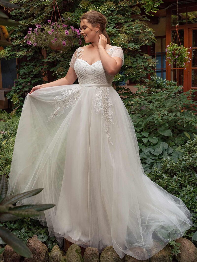 A-line plus size wedding dress with off the shoulder sleeves