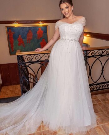 A-line plus size wedding dress with pearl décor and off the shoulder neckline