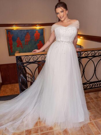 A-line plus size wedding dress with pearl décor and off the shoulder neckline