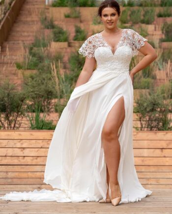 Sheath plus size wedding dress with lace flutter sleeves