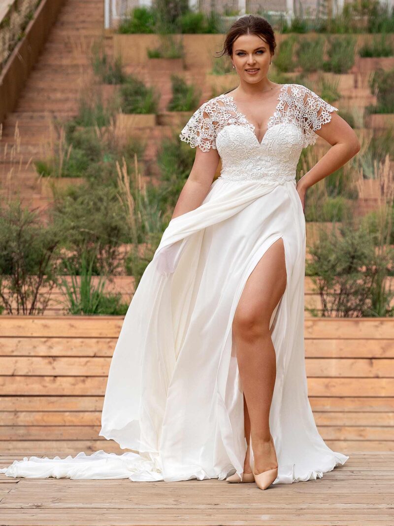 Sheath plus size wedding dress with lace flutter sleeves
