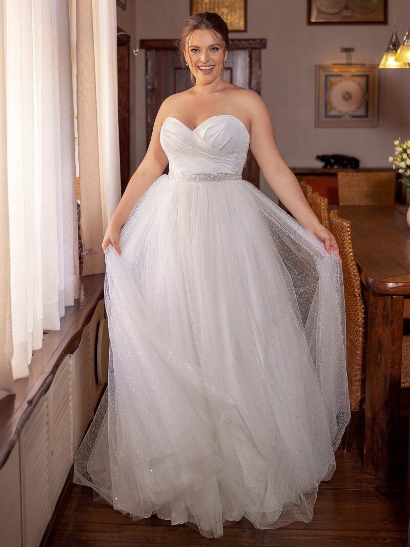 Strapless allover sequin plus size ball gown