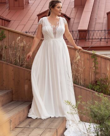 Flowy chiffon plus size wedding dress with cap sleeves