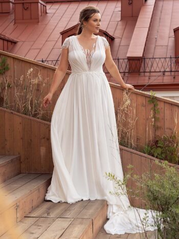 Flowy chiffon plus size wedding dress with cap sleeves