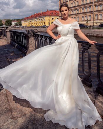 Simple plus size A-line wedding dress with off the shoulder neckline