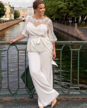 Plus size bridal set with 3/4 sleeve lace top and knee-length skirt