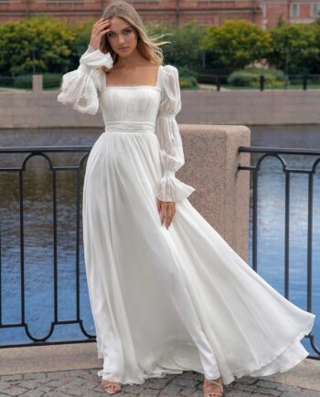 Square-neck wedding dress with long sleeves