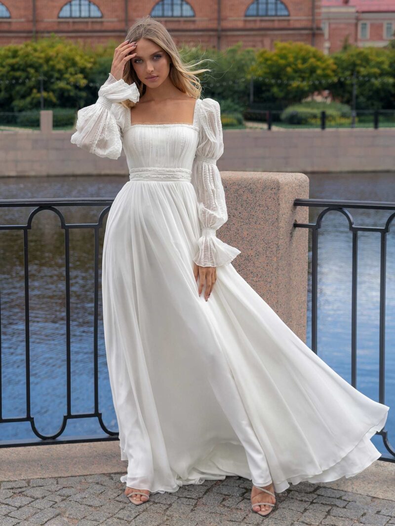 Square-neck wedding dress with long sleeves