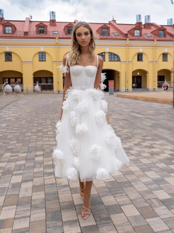 Cocktail length A-line wedding dress with bustier-style top