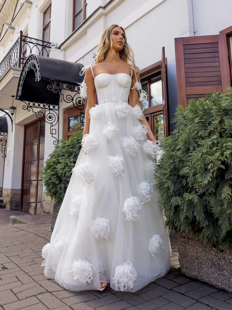 Bustier style A-line wedding dress with 3D floral decor