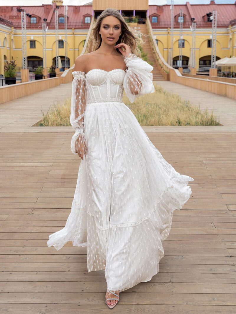 Lace strapless A-line wedding dress with detachable long sleeves