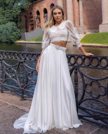 Two-piece bridal set with lace crop top and flowy skirt