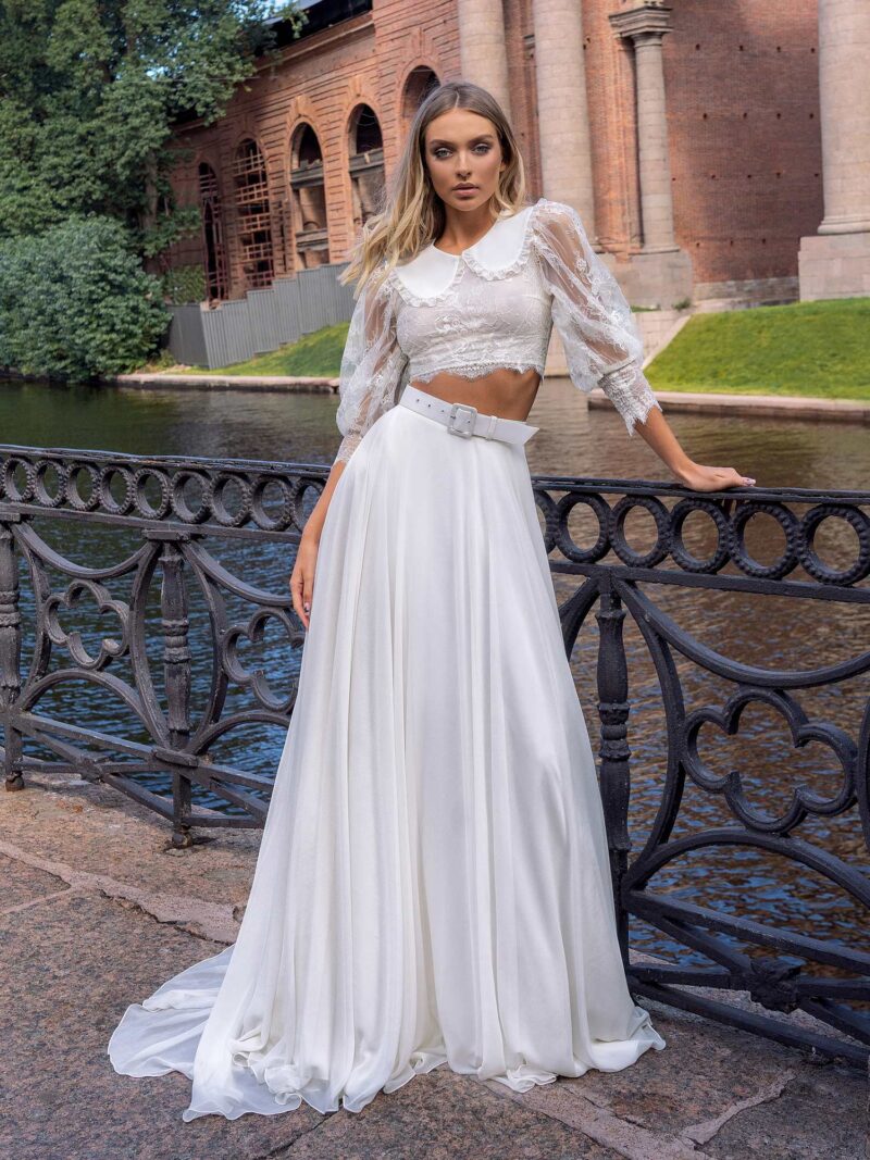 Two-piece bridal set with lace crop top and flowy skirt