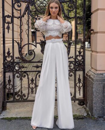 Two-piece bridal set with lace crop top and chiffon palazzo pants