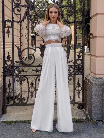 Two-piece bridal set with lace crop top and chiffon palazzo pants