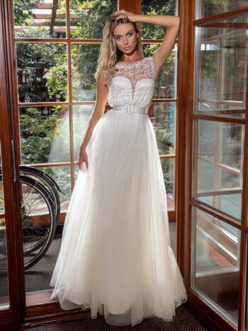 A-line tulle wedding dress with embroidered top