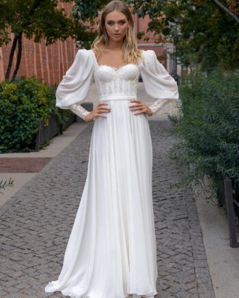 Long-sleeve sheath wedding dress with bustier style corset