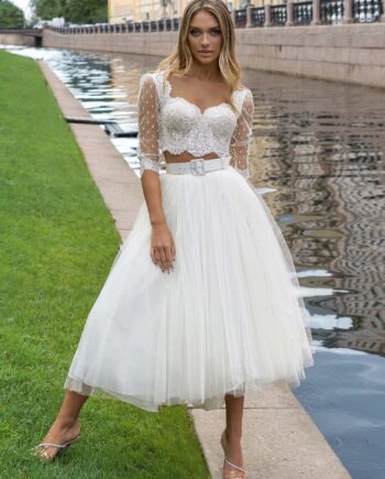 Two-piece bridal set with a lace crop top and tulle skirt