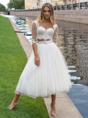 Two-piece bridal set with a lace crop top and tulle skirt