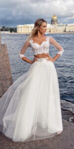 Two piece bridal set with a lace crop top and tulle skirt