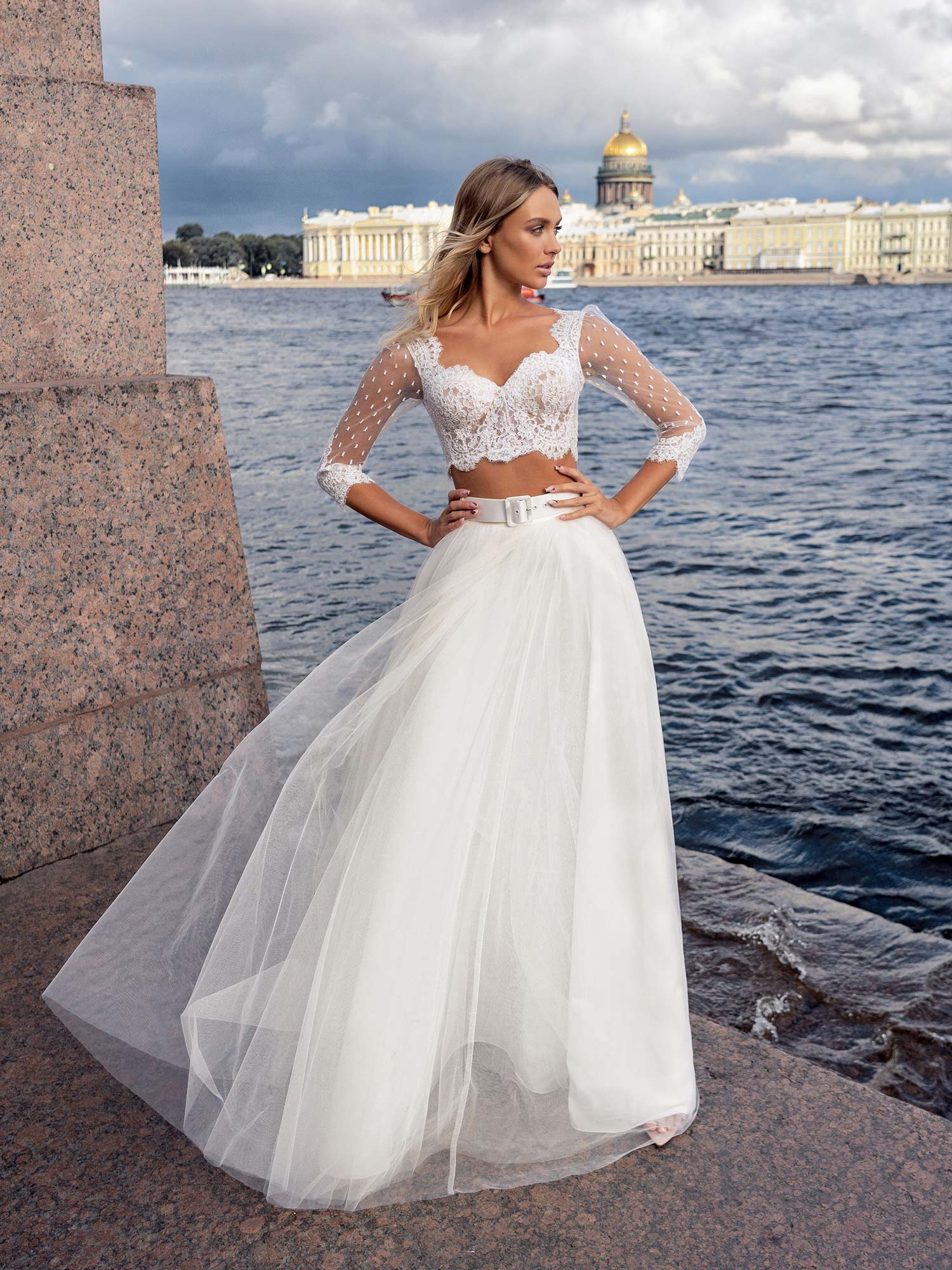 Two-Piece Bridal Set with Lace Crop Top and Tulle Skirt