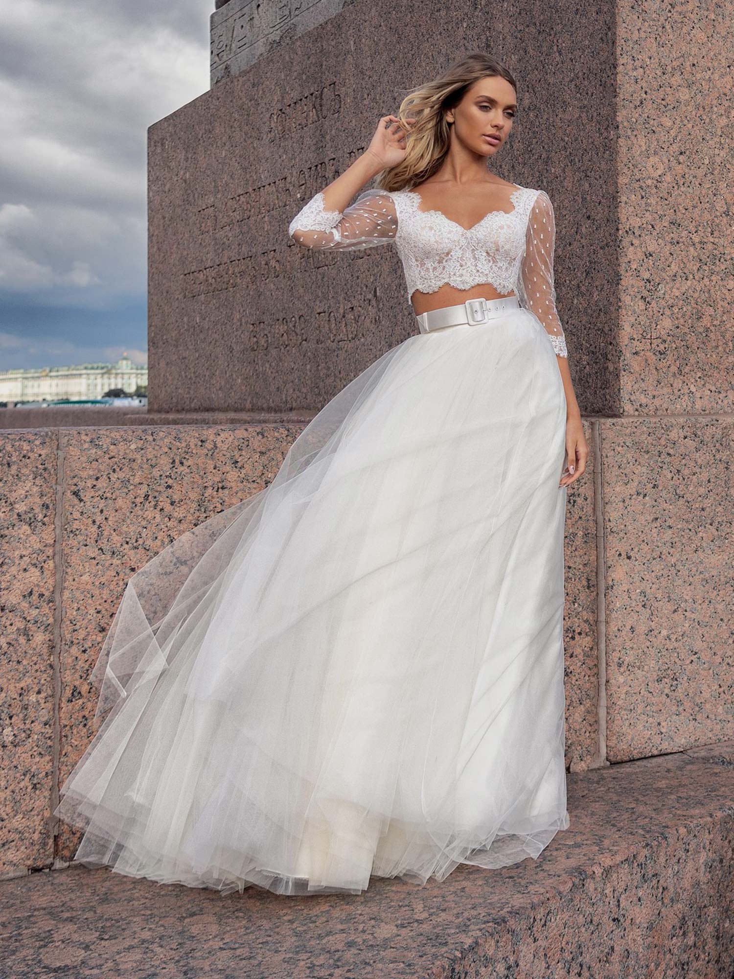 Casual Halter Long Lace Crop Top Tull Skirt Two Piece Wedding Dress Bridal  Separates Lace Top