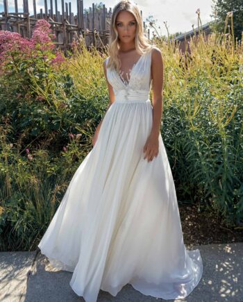 Chiffon sheath wedding dress with plunging neckline