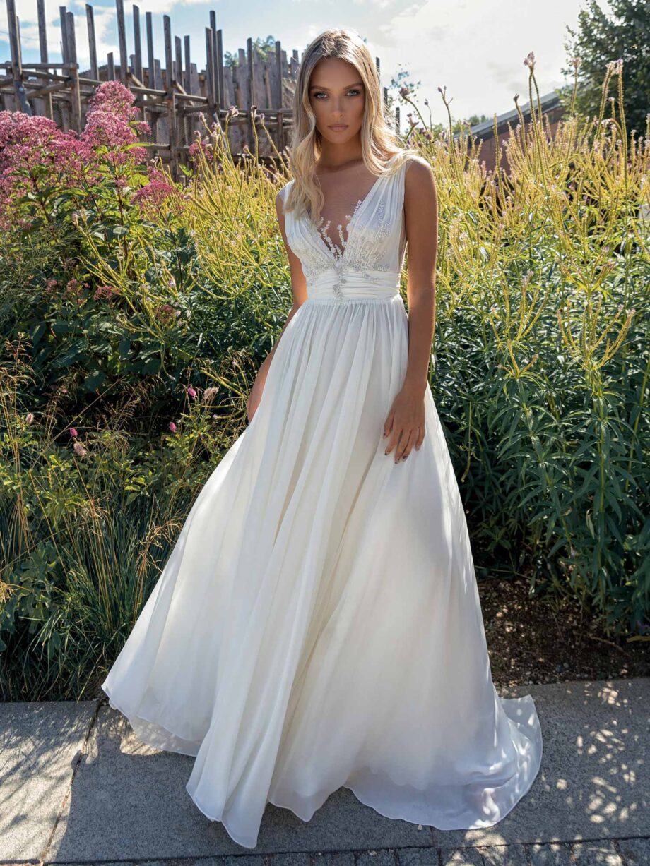 Chiffon sheath wedding dress with plunging neckline