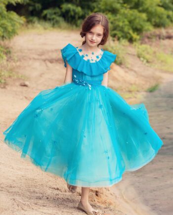 Girls A-line ceremony dress with ruffled neckline