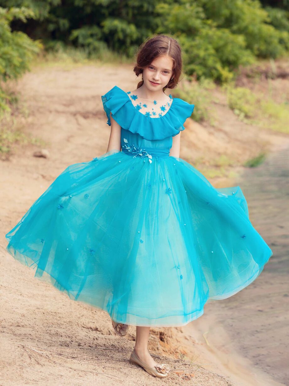 Girls A-line ceremony dress with ruffled neckline