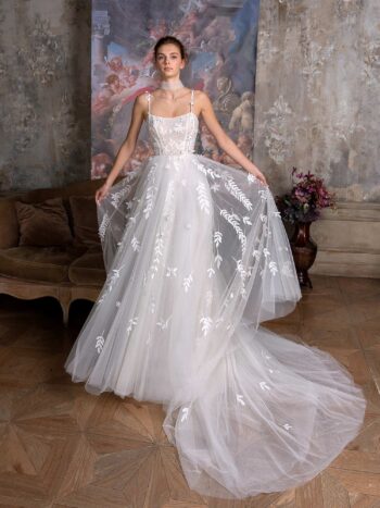 Floral ballgown wedding dress with spaghetti straps