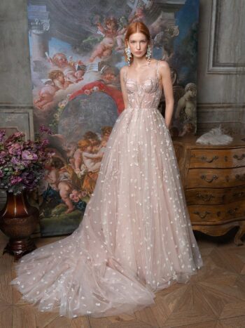 Blush A-line wedding dress with 3D flower embroidery