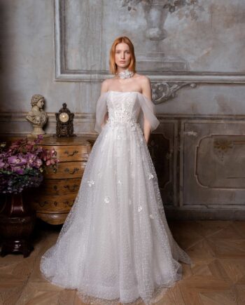 Shimmering tulle ballgown wedding dress with off-the-shoulder straps