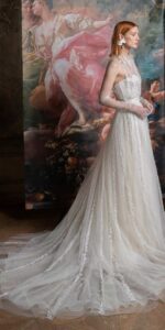 Vertical stripe lace A-line wedding dress with illusion halter neckline