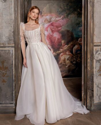 Square neck ballgown with puffed long sleeves