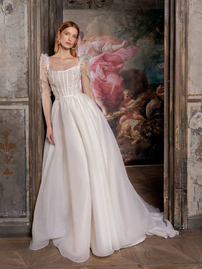 Square neck ballgown with puffed long sleeves