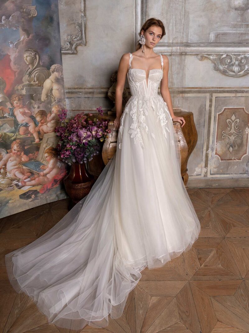 A-line wedding dress with bustier-style bodice