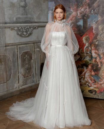 High-neck tulle ballgown with bishop sleeves