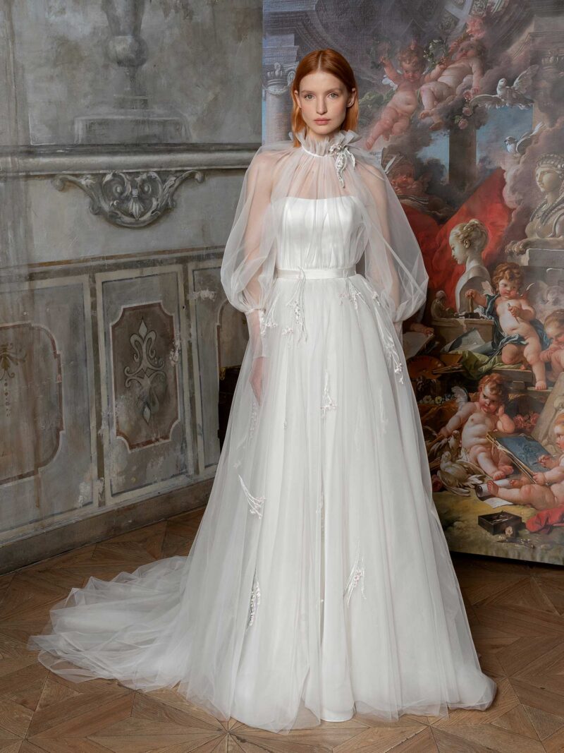 High-neck tulle ballgown with bishop sleeves
